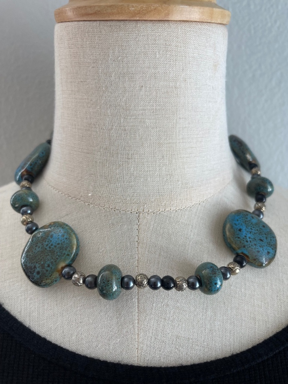 Artisan Ceramic Statement Necklace Blue Green Pottery Beaded Necklace